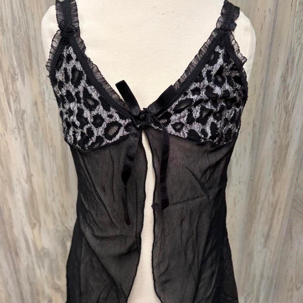 Sheer Black Mesh Leopard Print Lace Open Front Babydoll Top One Size